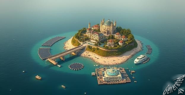 Isla artificial lujosa con mansiones de multimillonarios y un puente que la conecta al continente, rodeada de agua contaminada por fosas sépticas
