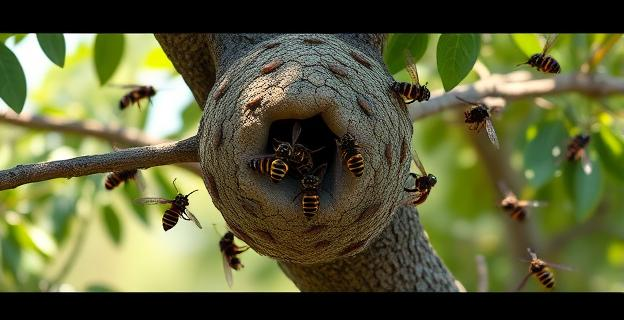 Imagen de un nido de avispas asiáticas en un árbol con avispas volando alrededor, en un entorno natural de Málaga