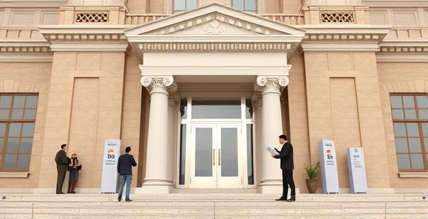 Edificio gubernamental con investigadores registrando documentos en oficinas de una empresa pública