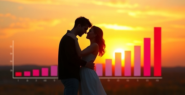 Una pareja abrazada en un atardecer con una gráfica de barras al fondo mostrando la estadística de enamoramientos