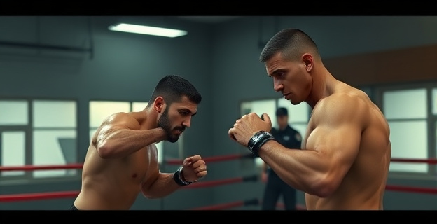 Una escena de tensión en un gimnasio de Madrid donde se ven dos hombres realizando ejercicios de artes marciales con una atmósfera de sospecha y vigilancia policial al fondo