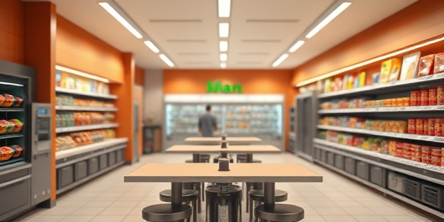 Un supermercado moderno con una zona de comida preparada, mesas pequeñas y microondas, luces cálidas y estanterías llenas de platos variados, sin rostros humanos, con un ambiente de urgencia cotidiana y comodidad.
