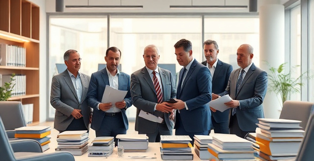 Una gran empresa energética con políticos y exfuncionarios en su órbita, rodeada de documentos y expedientes en una oficina moderna y luminosa.