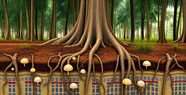 Una representación visual de un bosque tropical durante una sequía, con árboles cuyas raíces se extienden hacia capas profundas del suelo, y hongos micorrízicos rodeando las raíces superficiales. El suelo está seco y agrietado en la superficie, pero con indicios de humedad en las capas inferiores.