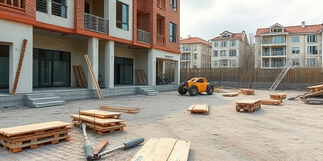 Una imagen de una obra de construcción abandonada, con materiales y herramientas dispersos, y un fondo de edificios residenciales