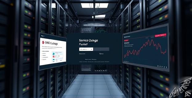 Imagen de un centro de datos con múltiples servidores y cables, mostrando una pantalla con un mensaje de error de DNS y un gráfico de caída de servicios en tiempo real.