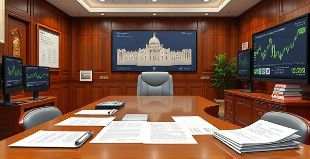 Oficina gubernamental con documentos y pantallas mostrando contratos y cifras de dinero