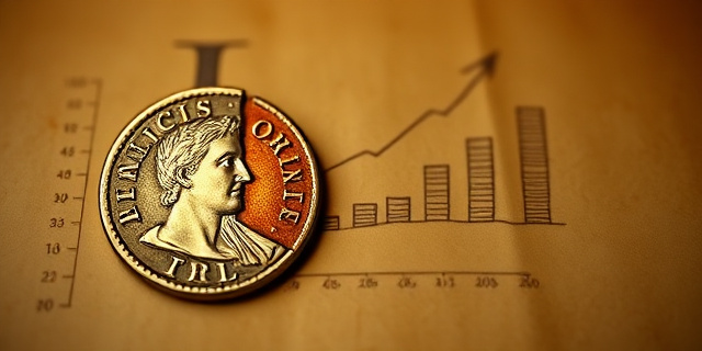 Una imagen conceptual que contraste una moneda de plata romana brillante y pura frente a una moneda oxidada y desgastada que se descascara revelando cobre debajo. De fondo, un pergamino antiguo con gráficos de barras ascendentes hechos con tinta romana, simbolizando la inflación. Estilo cinematográfico, iluminación dramática de claroscuro, calidad 8k.