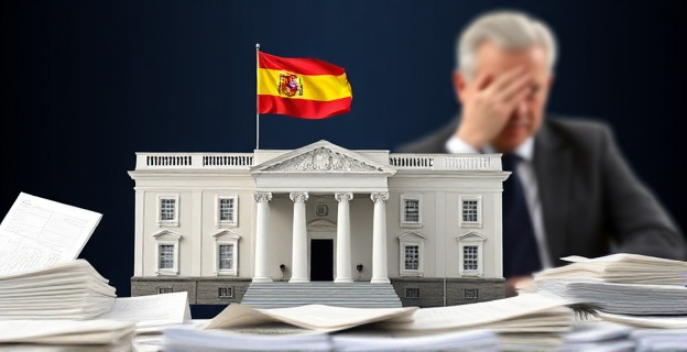 Una imagen conceptual que represente la polémica en torno al uso indebido de un inmueble oficial por parte de un partido político. Muestra un edificio emblemático con una bandera del PSOE ondeando en su fachada, rodeado de documentos y facturas sin pagar. En el fondo, una figura borrosa de un político con un gesto de desvío de mirada, simbolizando la ocultación y el misterio.