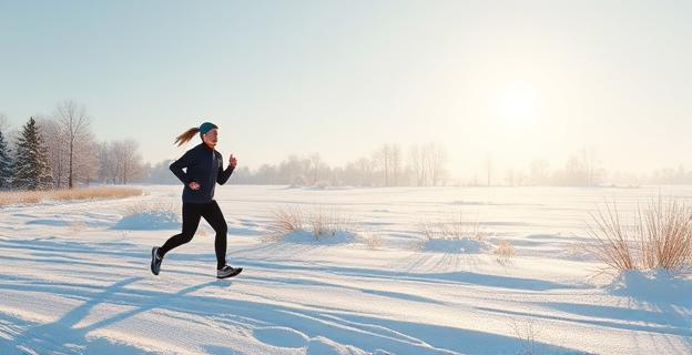 Imagen de un paisaje invernal con poca luz solar y una persona realizando ejercicio al aire libre en un entorno nevado, representando la exposición moderada al frío y la actividad física.