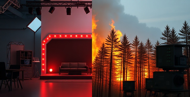 Una imagen que contraste un rodaje de cine con un incendio forestal
