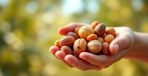 Imagen de una mano sosteniendo un puñado de frutos secos variados, con un fondo desenfocado que sugiere un entorno saludable y natural. Los frutos secos brillan con colores cálidos y naturales, resaltando su textura y variedad.