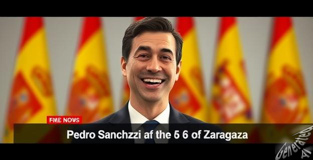 Imagen de Pedro Sánchez sonriendo mientras habla en una rueda de prensa, con un fondo de banderas españolas y un titular que dice 