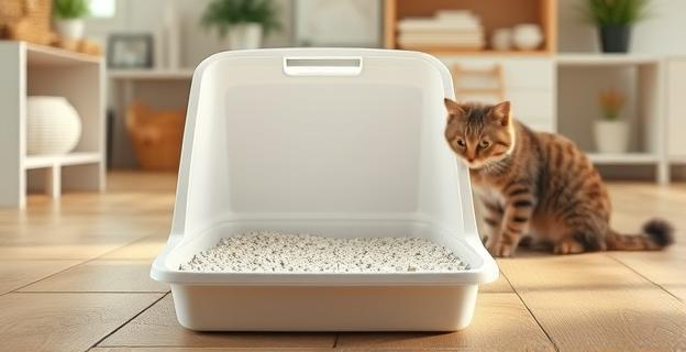 Imagen de un arenero de gato limpio con arena aglomerante y un gato cerca, con un fondo de hogar organizado