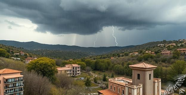 Una imagen de una tormenta eléctrica en un paisaje de Cataluña con fuertes chubascos y vientos