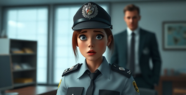 Una mujer con uniforme de policía en una oficina, con expresión de miedo y una sombra de una figura masculina autoritaria al fondo.