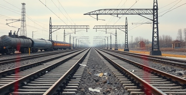 Una imagen conceptual que represente la contradicción entre la narrativa política y la realidad de la infraestructura ferroviaria, con elementos que simbolicen la desinversión y el deterioro.