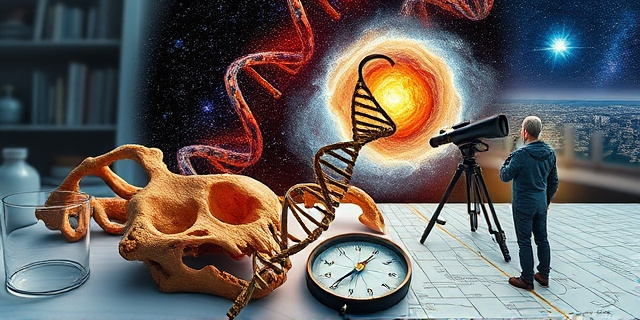 Un collage dinámico que mezcla huesos fósiles en una mesa de laboratorio, una hélice de ADN entrelazada con una lupa, un telescopio apuntando a una nebulosa, una brújula GPS sobre un mapa urbano y una figura humana contemplativa mirando un cielo estrellado, todo sin rostros humanos reales.