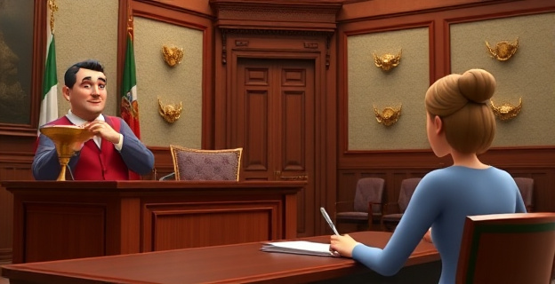 Una sala de un juzgado con un juez sentado en su escritorio, con una carpeta abierta y un bolígrafo en la mano, mientras una mujer está sentada frente a él, con un ambiente serio y formal.