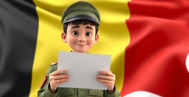 Imagen de un joven en uniforme militar recibiendo una carta de reclutamiento con un fondo de una bandera de Bélgica ondeando
