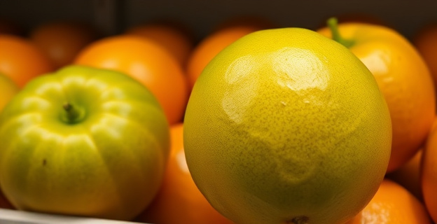 Imagen de una mandarina con piel verde junto a otras naranjas, en una cámara de almacenamiento con condiciones controladas de temperatura y humedad.