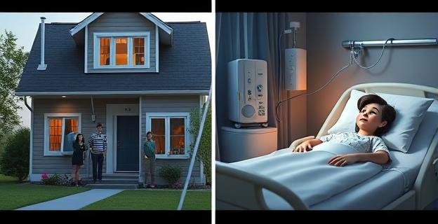 Una casa okupada con una familia en el exterior mostrando preocupación y una joven en cama de hospital con equipo médico alrededor