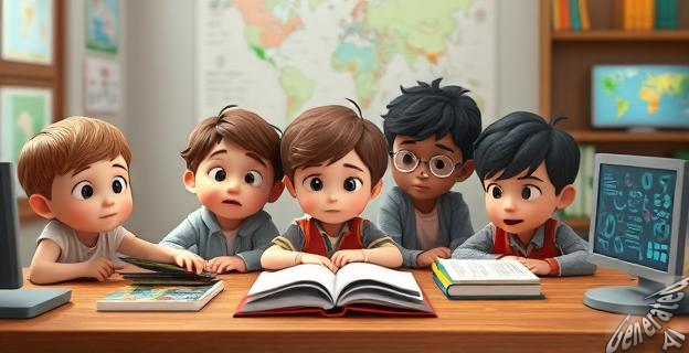 Un grupo de niños de diferentes edades sentados en una mesa con expresiones de curiosidad y aversión, rodeados de libros y pantallas con información variada