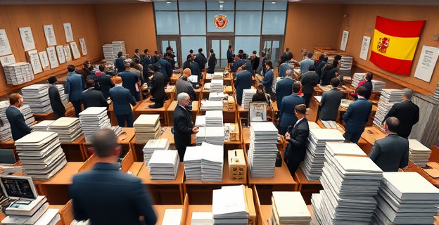 Oficina consular española saturada con largas colas de personas esperando para realizar trámites, con montañas de expedientes y documentos apilados en escritorios y estanterías, en un ambiente de caos administrativo