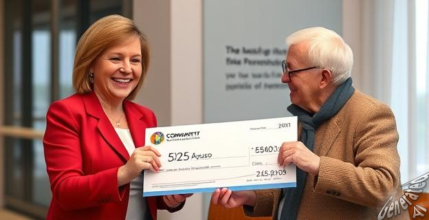Una imagen de la presidenta de la Comunidad de Madrid, Isabel Díaz Ayuso, sonriendo mientras entrega un cheque de 525 euros a un pensionista no contributivo.