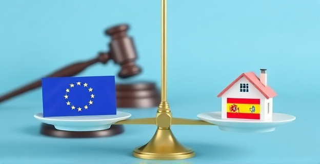 Una imagen de una balanza con un martillo de juez al fondo, simbolizando la justicia y el equilibrio en el mercado hipotecario. En un platillo, una hipoteca con una bandera de la UE y en el otro, una casa con una bandera española, reflejando el conflicto entre la normativa europea y la legislación española.