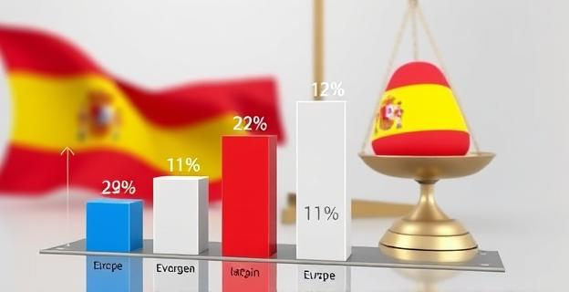 Gráfico comparativo de crecimiento económico en Europa con barras que muestran el aumento del 22% en la media europea y el 11% en España, con un fondo que muestra una balanza inclinada hacia abajo con la bandera española.