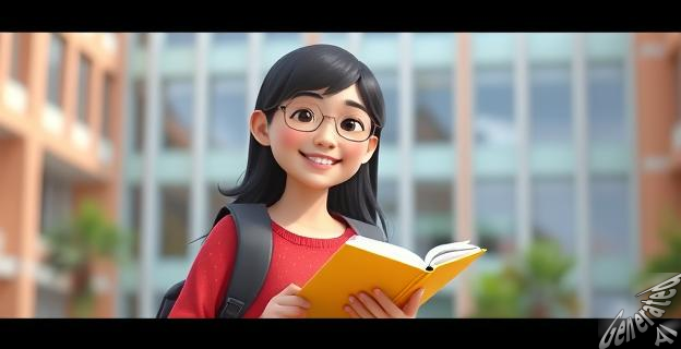 Una imagen de una joven estudiante sonriendo mientras sostiene un libro y un bolígrafo, con un fondo de edificios universitarios o de FP.