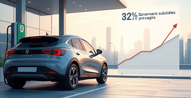 Un coche eléctrico siendo cargado en una estación de carga moderna, con un fondo de una ciudad futurista y un gráfico que muestra la disminución de las ayudas gubernamentales.