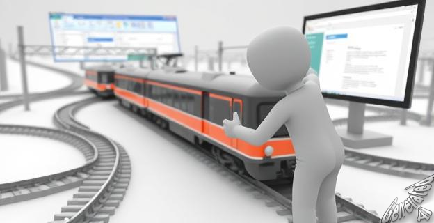 Una imagen de una persona intentando conectar un tren a un sistema ferroviario complejo, con una ventana de computadora mostrando un documento de Microsoft Office en el fondo.