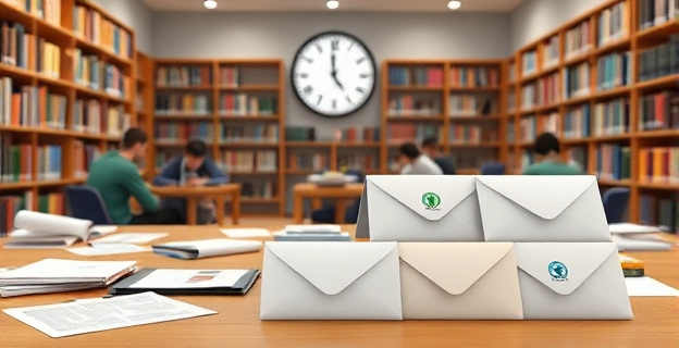 Imagen de un grupo de personas estudiando en una biblioteca, con papeles y libros desordenados, mientras al fondo se ve un reloj marcando las 12 de la noche. En una mesa separada, varios sobres con el logo de diferentes administraciones públicas.