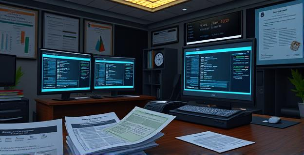 Oficina con documentos y pantallas de ordenador mostrando transferencias bancarias y contratos de empresas sospechosas, con un ambiente de investigación y análisis financiero
