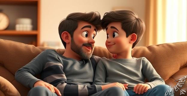 Una imagen de un padre y un hijo sentados en un sofá, mirándose a los ojos con expresiones de confianza y diálogo.