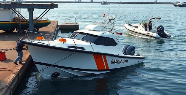 Imagen de una patrullera de la Guardia Civil averiada en el puerto, con mecánicos trabajando en ella, y al fondo una narcolancha siendo interceptada por una zódiac neumática.