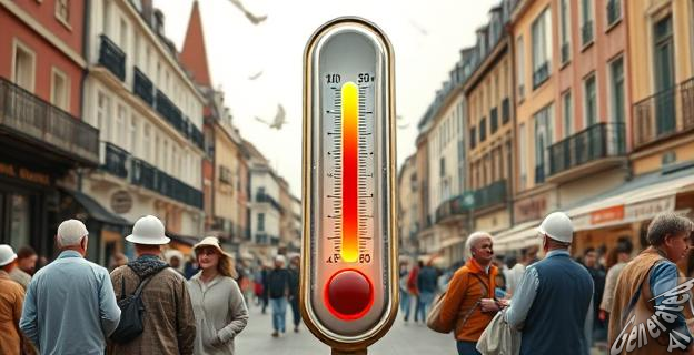 Una imagen de una ciudad europea con un termómetro mostrando una temperatura alta, rodeada de personas vulnerables al calor, como ancianos y niños.