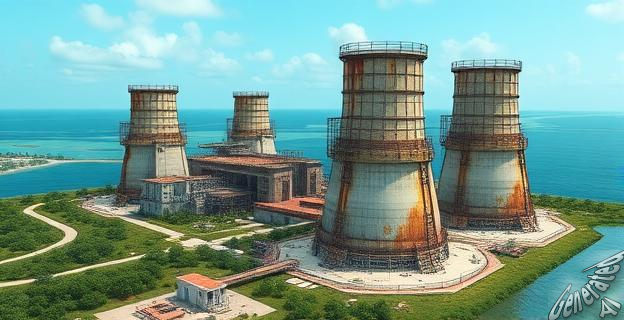Una imagen de una central nuclear abandonada en la costa de Vizcaya, con estructuras de hormigón oxidadas y un paisaje natural circundante.