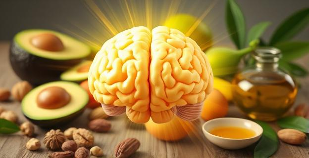 Imagen de un cerebro humano con una aura de energía alrededor, con un fondo de alimentos saludables como aguacates, nueces y aceite de oliva