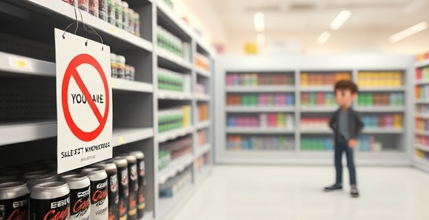 Una imagen conceptual que represente una tienda con estantes vacíos donde deberían estar las bebidas energéticas, con un letrero que indique la prohibición de venta a menores. Al fondo, una figura de un joven mirando hacia los estantes vacíos con una mezcla de sorpresa y alivio.