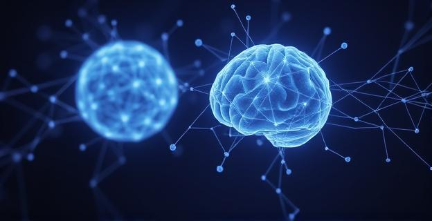 Representación abstracta de la conexión cerebral: dos esferas luminosas interconectadas por intrincadas redes neuronales que se difuminan en ciertos puntos, simbolizando el olvido compartido. Los colores son suaves y etéreos, en tonos azules y púrpuras, sobre un fondo oscuro que realza la luminosidad de las conexiones. No hay figuras humanas ni elementos identificables, solo la representación de la actividad mental y la supresión de la memoria.