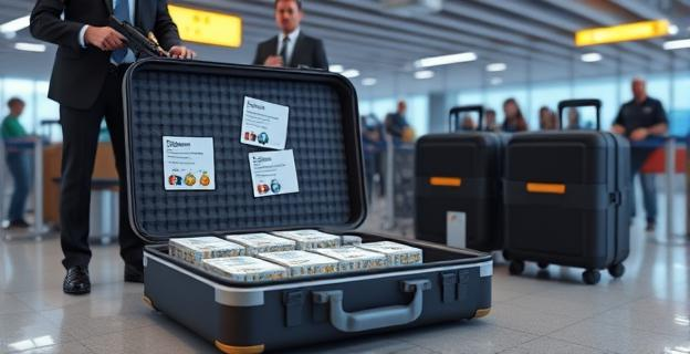 Imagen de un aeropuerto con equipajes siendo inspeccionados por autoridades aduaneras, con una maleta abierta mostrando paquetes de cocaína y un lanzagranadas en el fondo.