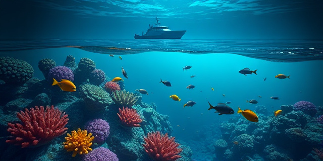 Una ilustración surrealista y detallada de un arrecife de coral profundo y vibrante en el océano, con peces tropicales exóticos. Sobre la superficie del agua, se ve la silueta de un barco de investigación moderno. El estilo debe ser cinematográfico, con juegos de luces profundas (azul marino y turquesa) y colores neón en los corales para resaltar la vida inesperada en la oscuridad.