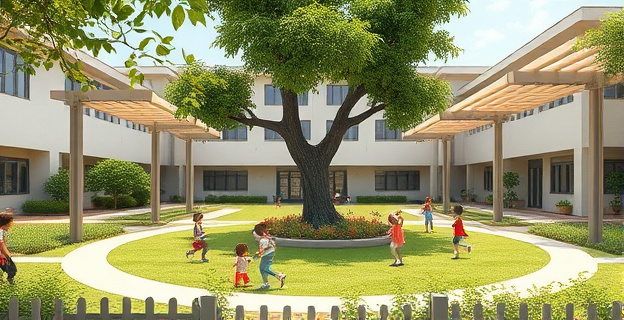 Un patio escolar transformado con vegetación y pérgolas, donde niños y niñas juegan juntos en un entorno natural, con un gran árbol en el centro y estructuras de sombra. En el fondo, se ve un edificio escolar moderno. La escena transmite una sensación de calma y armonía, con un toque de innovación ecológica.