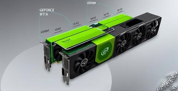 Ilustración de una tarjeta gráfica GeForce RTX60 con diferentes configuraciones de memoria VRAM