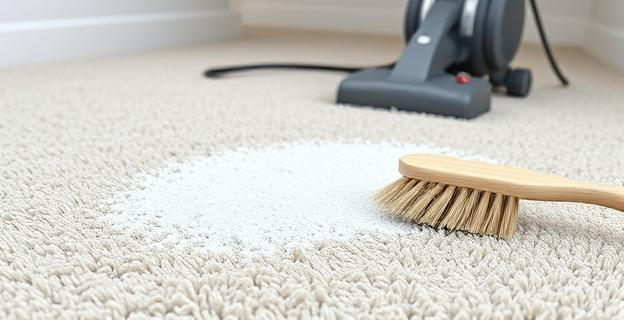 Una alfombra limpia y fresca con polvo blanco espolvoreado sobre ella, con un cepillo suave al lado y una aspiradora en el fondo.