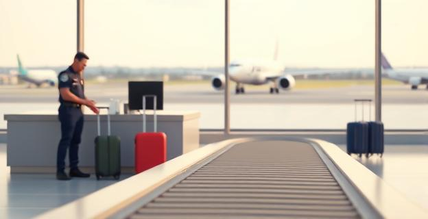 Imagen de un aeropuerto con un mostrador de facturación y un policía inspeccionando equipaje. Al fondo, un avión en la pista de aterrizaje con una cinta transportadora de equipaje en primer plano.