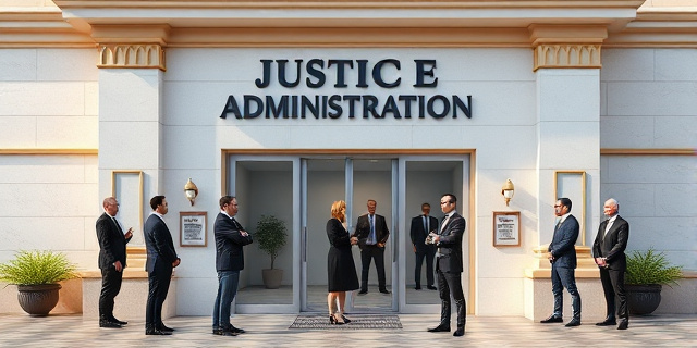 Una imagen de un edificio de la Administración de Justicia en Baleares, con un grupo de funcionarios de Justicia protestando en la puerta, mientras un grupo de personas con trajes y corbatas discuten en el interior